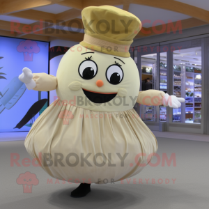 Beige Turnip mascot costume character dressed with a Circle Skirt and Bracelets