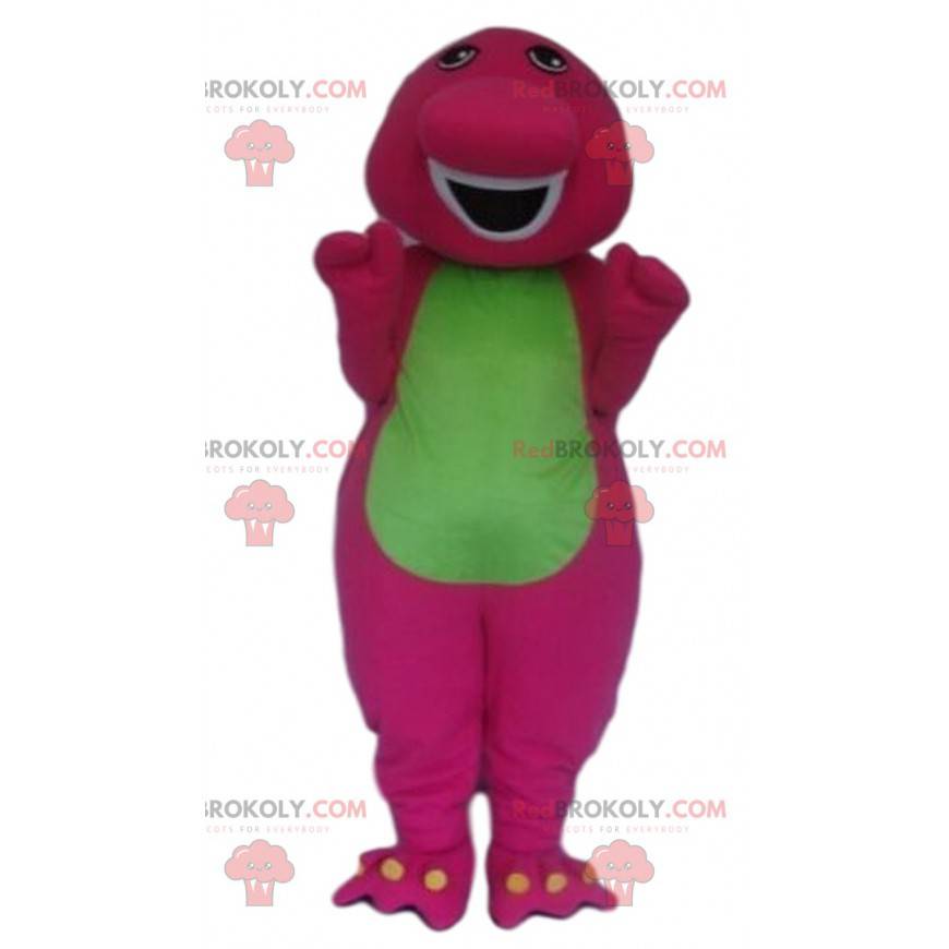 Mascote de dinossauro rosa e verde, fantasia de dragão colorido