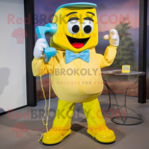 Yellow Phone mascot costume character dressed with a Mom Jeans and Bow ties