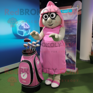 Pink Golf Bag mascot costume character dressed with a Wrap Dress and Smartwatches
