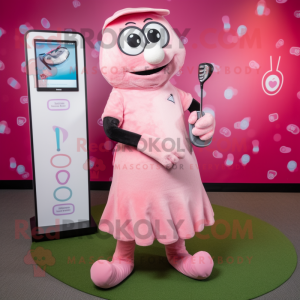 Pink Golf Bag mascot costume character dressed with a Wrap Dress and Smartwatches