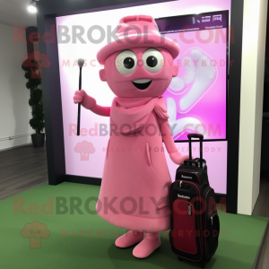 Pink Golf Bag mascot costume character dressed with a Wrap Dress and Smartwatches