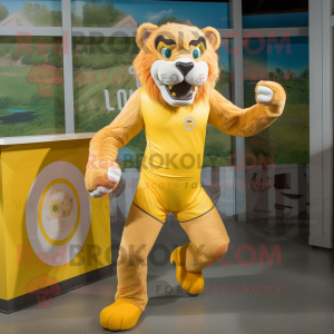 Yellow Smilodon mascot costume character dressed with a Running Shorts and Tie pins