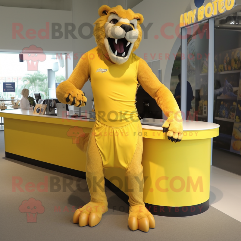 Yellow Smilodon mascot costume character dressed with a Running Shorts and Tie pins