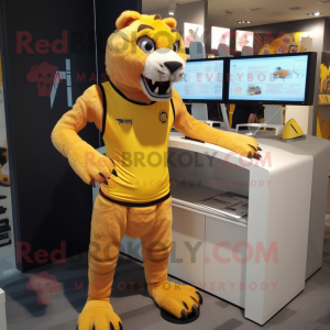 Yellow Smilodon mascot costume character dressed with a Running Shorts and Tie pins
