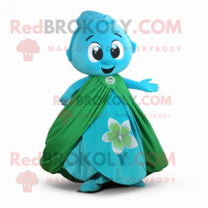 Turquoise Four Leaf Clover mascot costume character dressed with a Ball Gown and Pocket squares