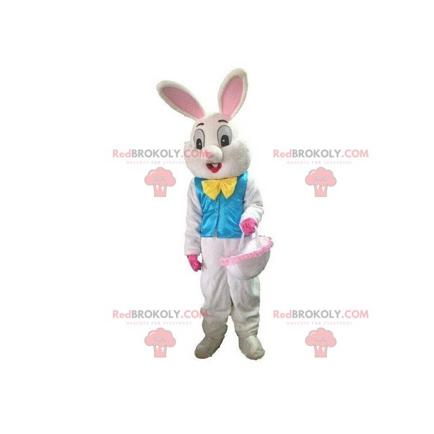 Mascota conejo blanco con chaleco azul, traje de Pascua -