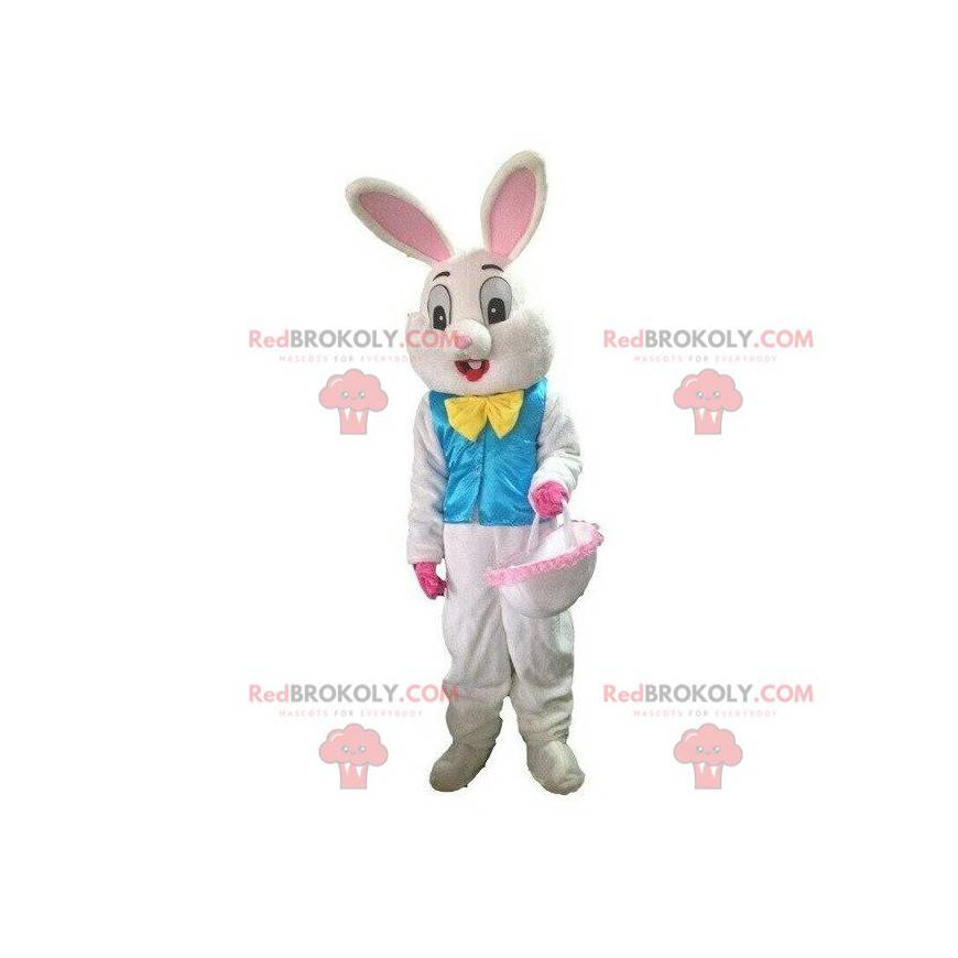 Weißes Kaninchenmaskottchen mit blauer Weste, Osterkostüm - Weißes Kaninchenmaskottchen mit blauer Weste, Osterkostüm -