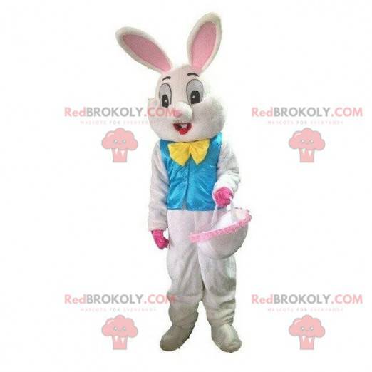 Mascote coelho branco com colete azul, fantasia de Páscoa -