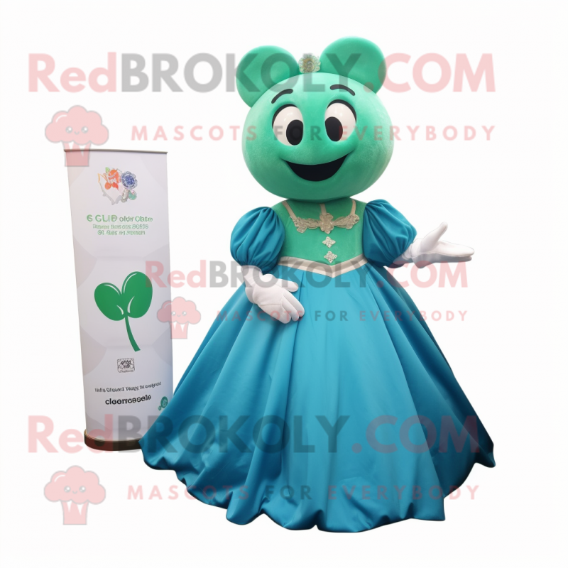 Turquoise Four Leaf Clover mascot costume character dressed with a Ball Gown and Pocket squares Turquoise Four Leaf Clover mascot costume character dressed with a Ball Gown and Pocket squares