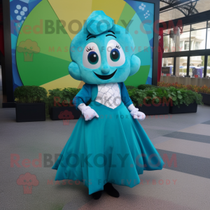 Turquoise Four Leaf Clover mascot costume character dressed with a Ball Gown and Pocket squares