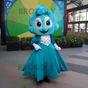 Turquoise Four Leaf Clover mascot costume character dressed with a Ball Gown and Pocket squares