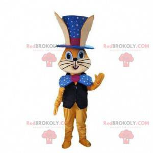 Mascota de conejo naranja en traje de mago, traje mágico -