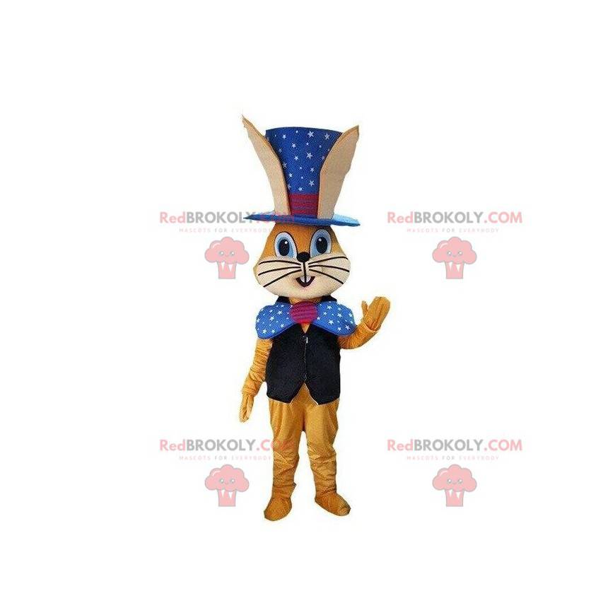 Orange rabbit mascot in magician outfit, magic costume -