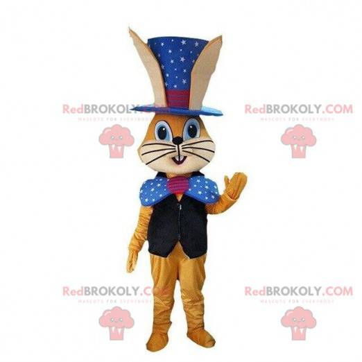 Orange rabbit mascot in magician outfit, magic costume -