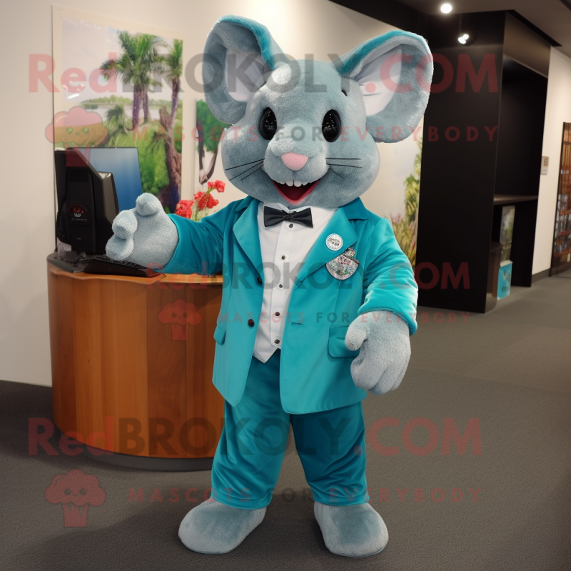 Turquoise Chinchilla mascot costume character dressed with a Suit and Shoe clips