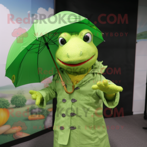 Lime Green Lizard mascot costume character dressed with a Raincoat and Cummerbunds