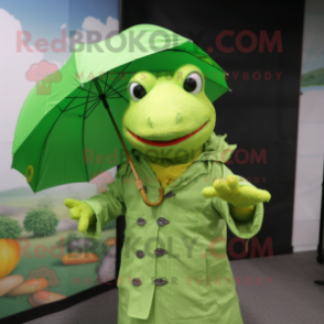 Lime Green Lizard mascot costume character dressed with a Raincoat and Cummerbunds