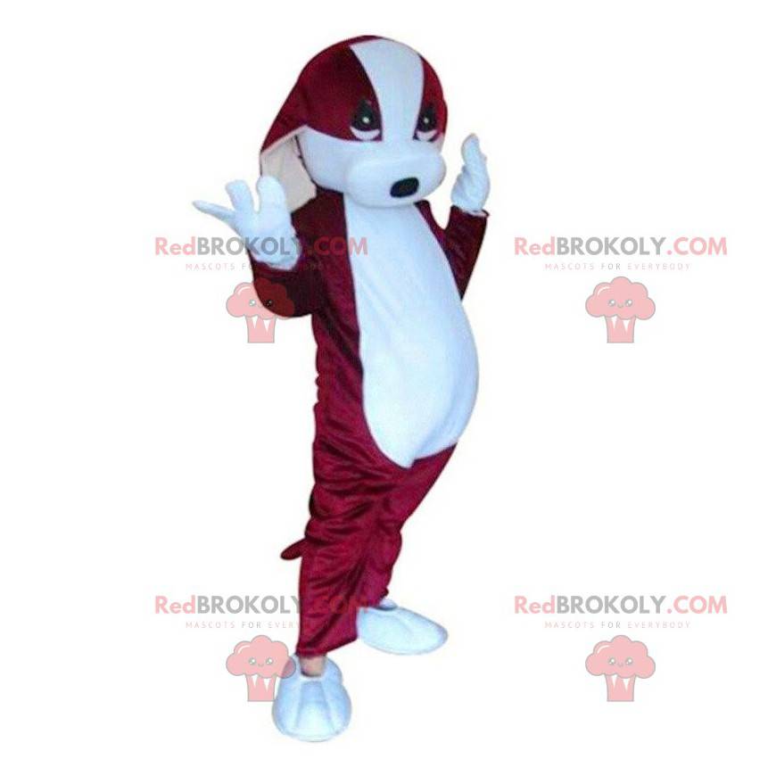 Mascotte de chien rouge et blanc, costume de chien bicolore -
