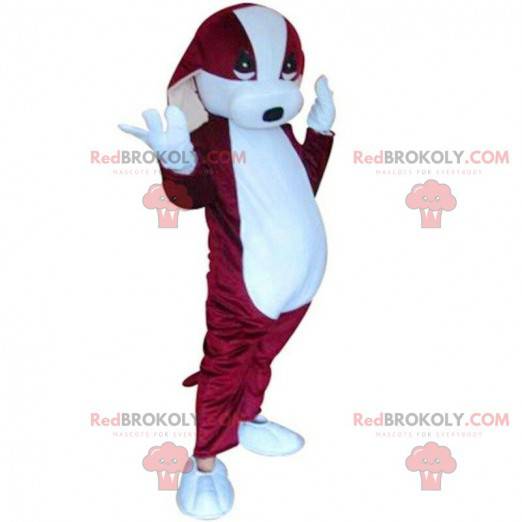 Czerwono-biała maskotka psa, dwukolorowy kostium psa -