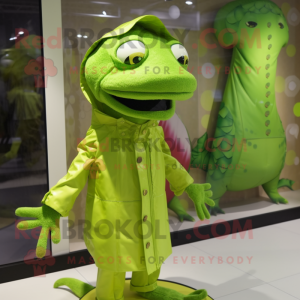 Lime Green Lizard mascot costume character dressed with a Raincoat and Cummerbunds