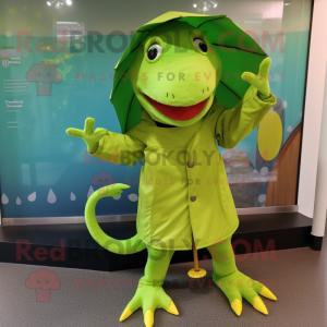 Lime Green Lizard mascot costume character dressed with a Raincoat and Cummerbunds