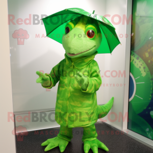 Lime Green Lizard mascot costume character dressed with a Raincoat and Cummerbunds
