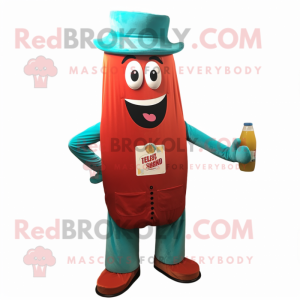 Turquoise Bottle Of Ketchup mascot costume character dressed with a Corduroy Pants and Suspenders