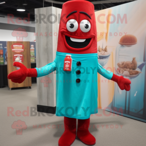 Turquoise Bottle Of Ketchup mascot costume character dressed with a Corduroy Pants and Suspenders