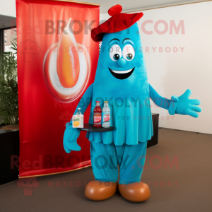 Turquoise Bottle Of Ketchup mascot costume character dressed with a Corduroy Pants and Suspenders