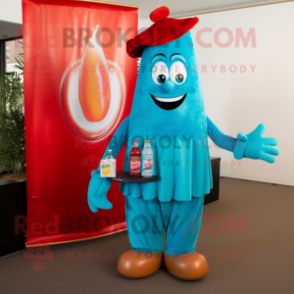 Turquoise Bottle Of Ketchup mascot costume character dressed with a Corduroy Pants and Suspenders