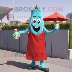 Turquoise Bottle Of Ketchup mascot costume character dressed with a Corduroy Pants and Suspenders