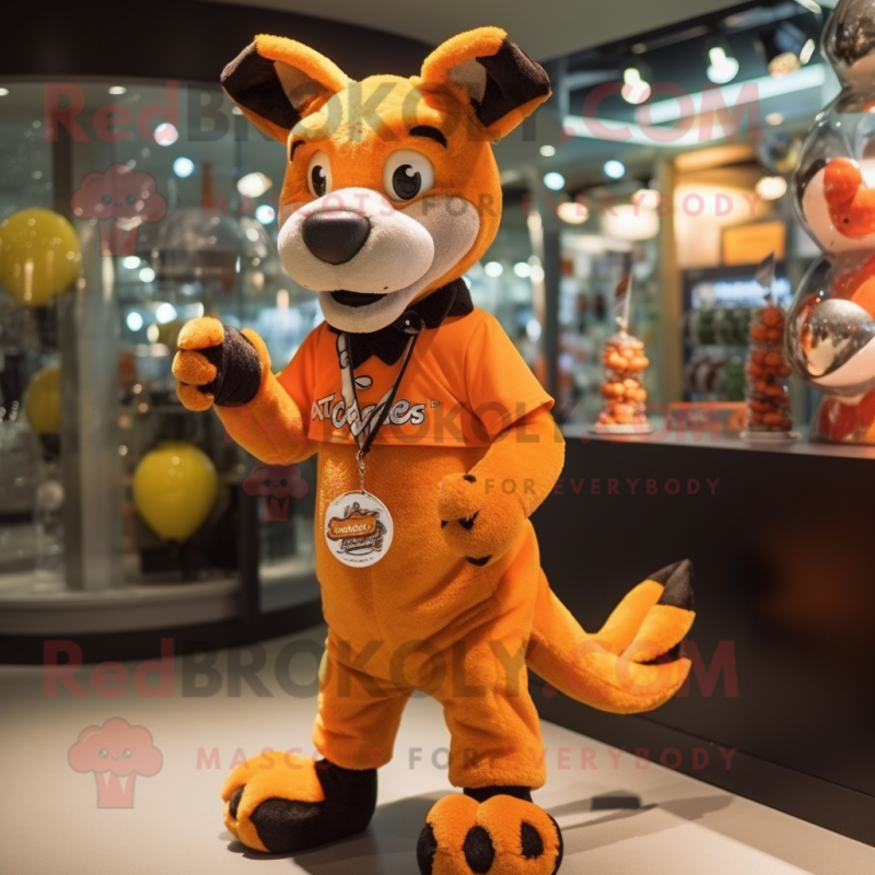 Orange Thylacosmilus mascot costume character dressed with a Mini Dress and Keychains