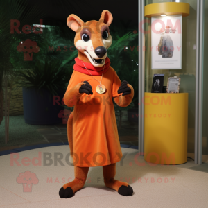 Orange Thylacosmilus mascot costume character dressed with a Mini Dress and Keychains