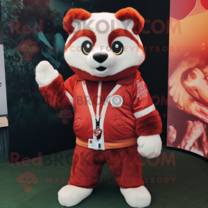 White Red Panda mascot costume character dressed with a Jumpsuit and Necklaces