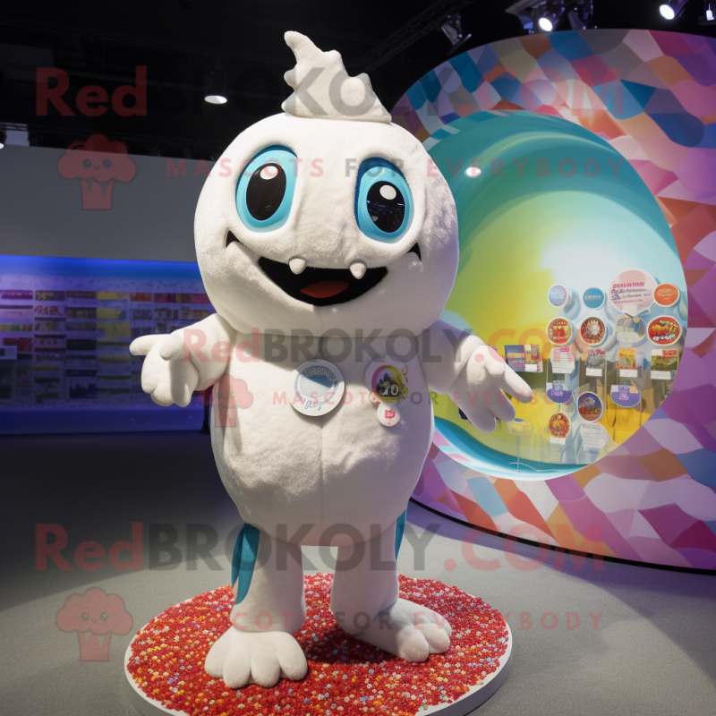 White Ceviche mascot costume character dressed with a Swimwear and Coin purses White Ceviche mascot costume character dressed with a Swimwear and Coin purses