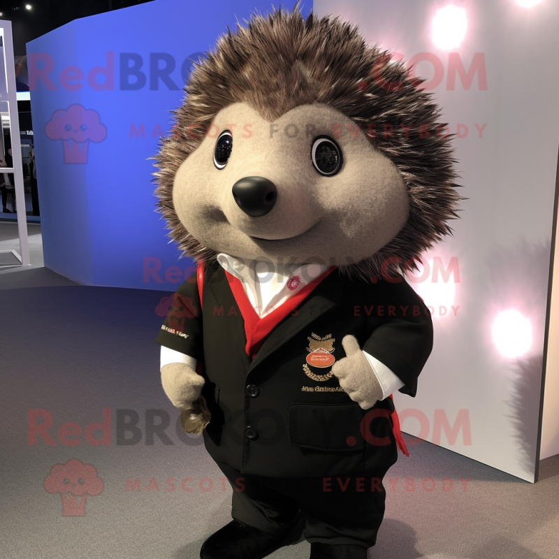 Black Hedgehog mascot costume character dressed with a Chinos and Lapel pins