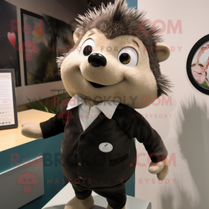 Black Hedgehog mascot costume character dressed with a Chinos and Lapel pins