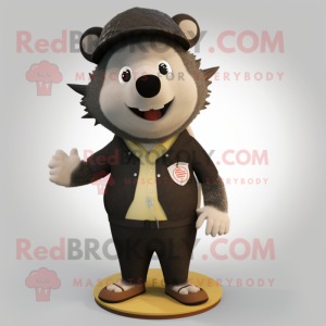 Black Hedgehog mascot costume character dressed with a Chinos and Lapel pins