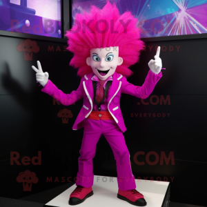 Magenta Acrobat mascot costume character dressed with a Suit Jacket and Hair clips