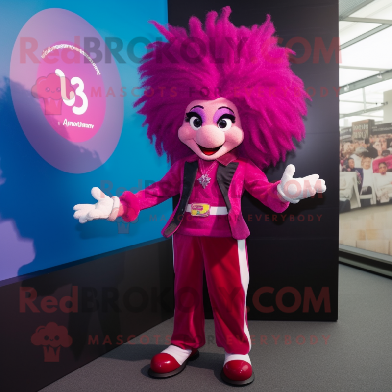 Magenta Acrobat mascot costume character dressed with a Suit Jacket and Hair clips