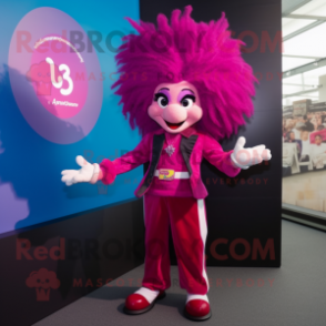 Magenta Acrobat mascot costume character dressed with a Suit Jacket and Hair clips