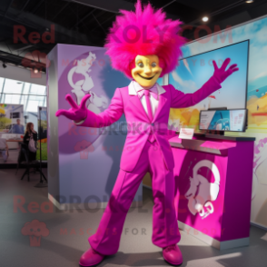 Magenta Acrobat mascot costume character dressed with a Suit Jacket and Hair clips