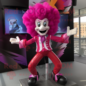 Magenta Acrobat mascot costume character dressed with a Suit Jacket and Hair clips