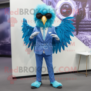 Sky Blue Harpy mascot costume character dressed with a Suit Pants and Digital watches