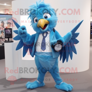 Sky Blue Harpy mascot costume character dressed with a Suit Pants and Digital watches