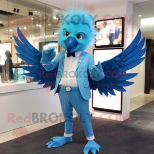 Sky Blue Harpy mascot costume character dressed with a Suit Pants and Digital watches