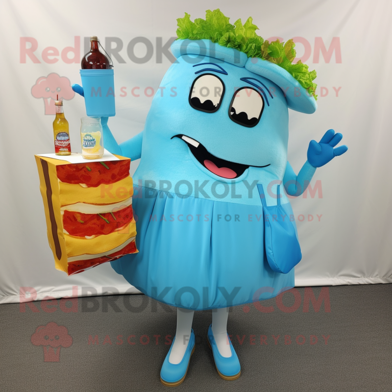 Sky Blue Pulled Pork Sandwich mascot costume character dressed with a Cocktail Dress and Messenger bags