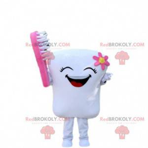 Laughing tooth mascot with a toothbrush, dentist costume -