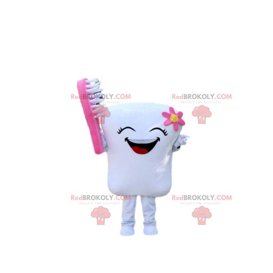 Laughing tooth mascot with a toothbrush, dentist costume -